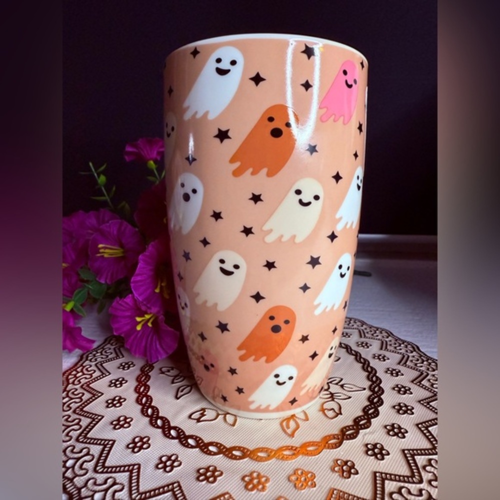 Spooky Ghost Halloween Travel Mug w Lid Cute Fall Ceramic Tumbler 16oz NWT